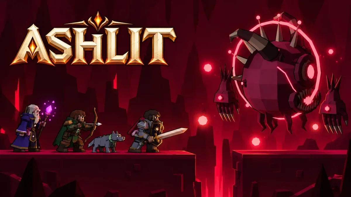Ashlit key art: three heroes and a wolf at the edge of a crimson abyss